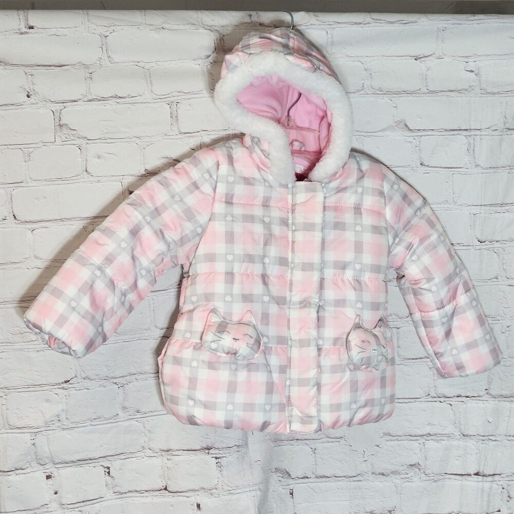 London Fog Girls Puffer Jacket 3T Pink Plaid Heart Hooded Cat Face Winter Coat